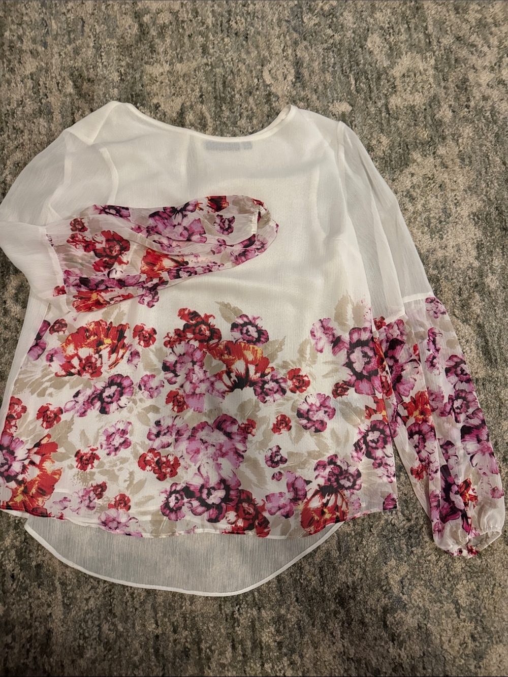 Apt. 9 White Sheer Blouse with Pink & Red Floral Hem